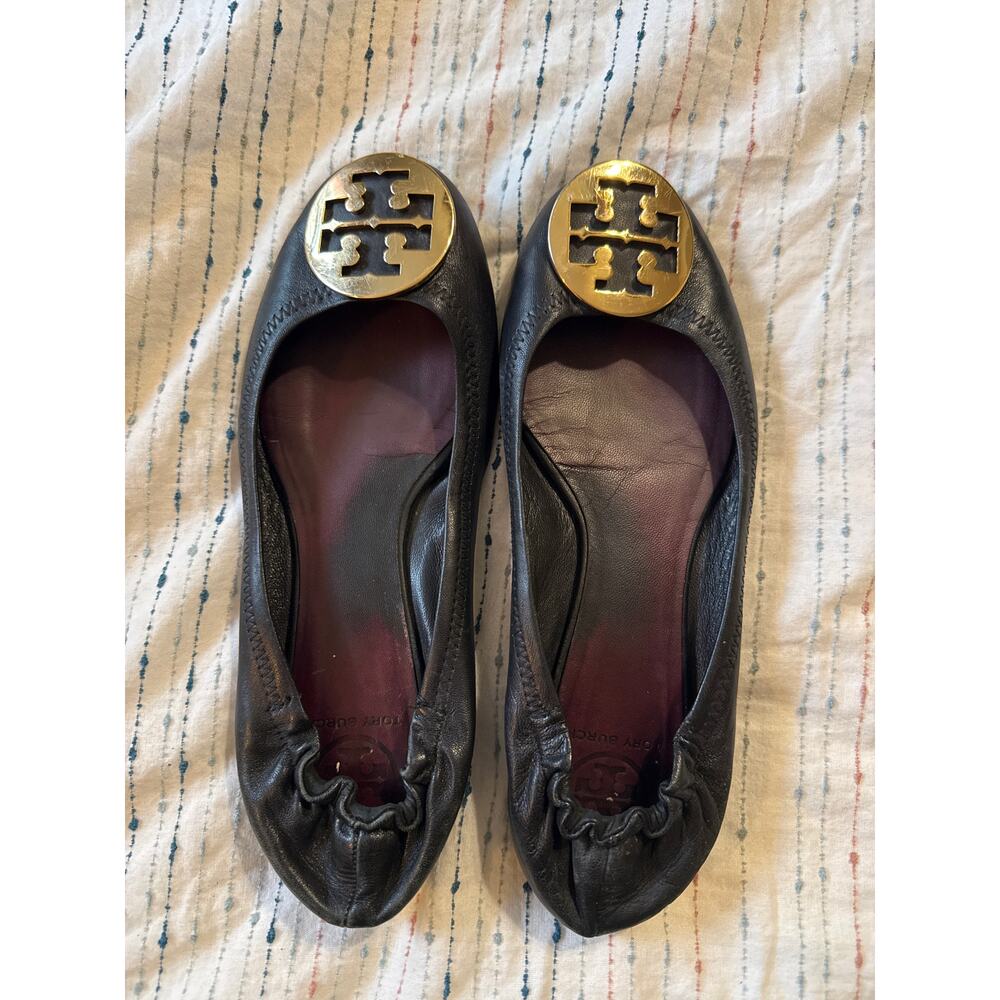 Tory Burch Reva Ballet Flats Black Leather Gold Logo Medallion Size 8
